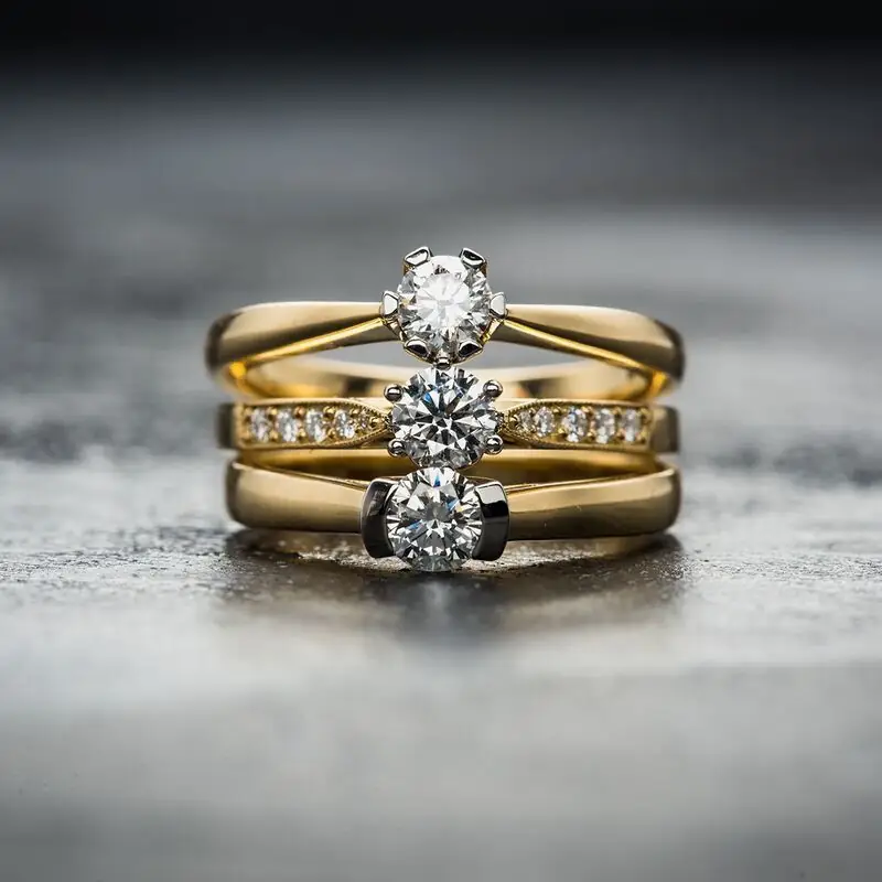 3 diamond rings with gold bands stacked on top of each other