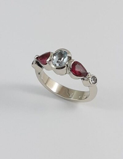 14KW Aquamarine & Ruby Ring With Diamonds