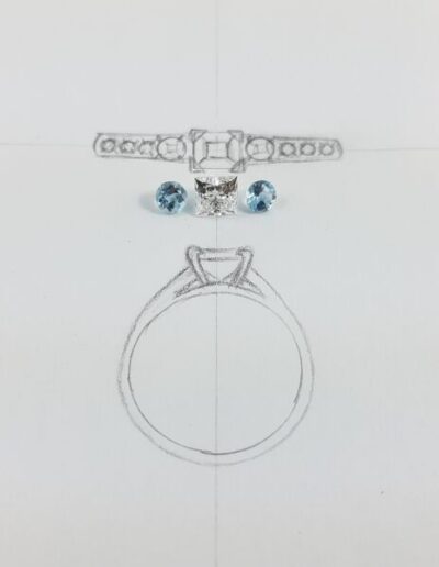 Princess Cut Diamond and Aquamarines with Design Sketch