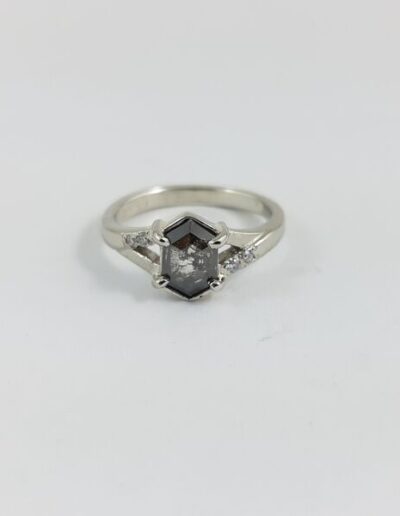 14K White Gold Hexagon Salt and Pepper Diamond Ring