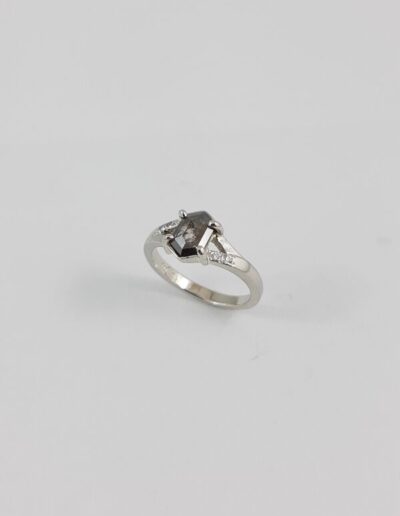 14K White Gold Hexagon Salt and Pepper Diamond Ring