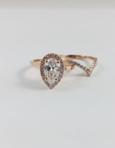 14K Rose Gold Halo Engagement Ring W\/ Matching Wedding Band