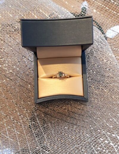 14KY Teal Sapphire Baguette Diamond Ring in Box