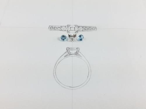 Princess Cut Diamond and Aquamarines with Design Sketch