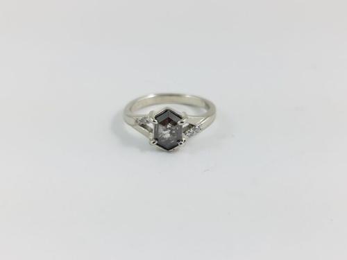14K White Gold Hexagon Salt and Pepper Diamond Ring