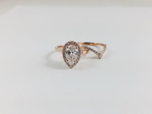 14K Rose Gold Halo Engagement Ring W/ Matching Wedding Band