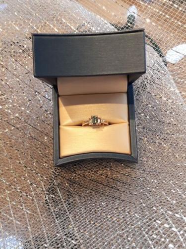 14KY Teal Sapphire and Baguette Diamond Ring in Box