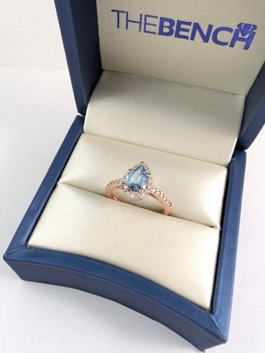 14K Rose Gold Pear Aquamarine Ring With Diamond Halo