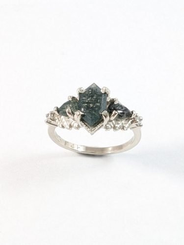 14KW Moss Agate Leaf Ring