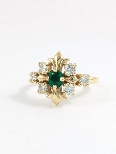 14KY Emerald and Diamond Leaf Cluster Ring