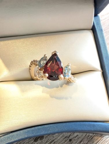 14KY Garnet and Aquamarine Ring With Diamond Accents